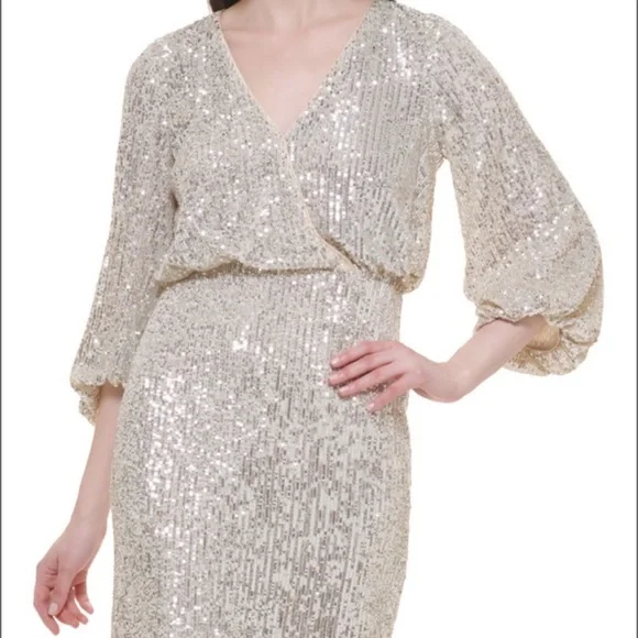 Eliza J Silver Sequin Mock Wrap Dress, BNWOT Size 8 - Picture 3 of 7